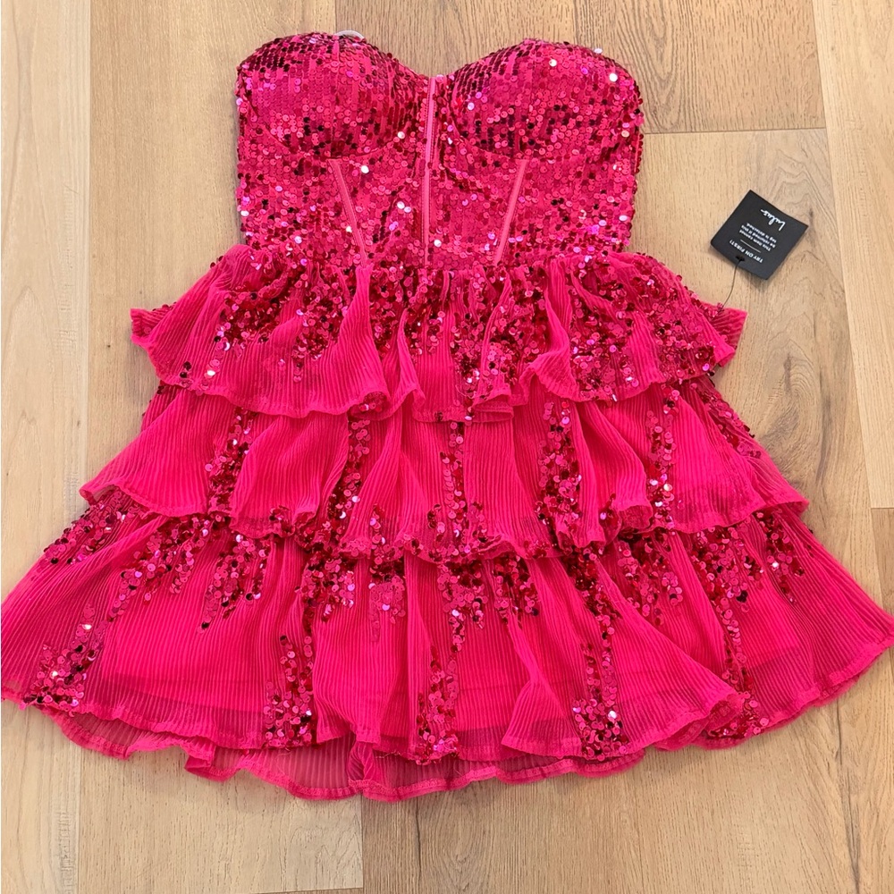 Lulus Spectacular Party Magenta Sequin Tiered Lace-Up Mini Dressed